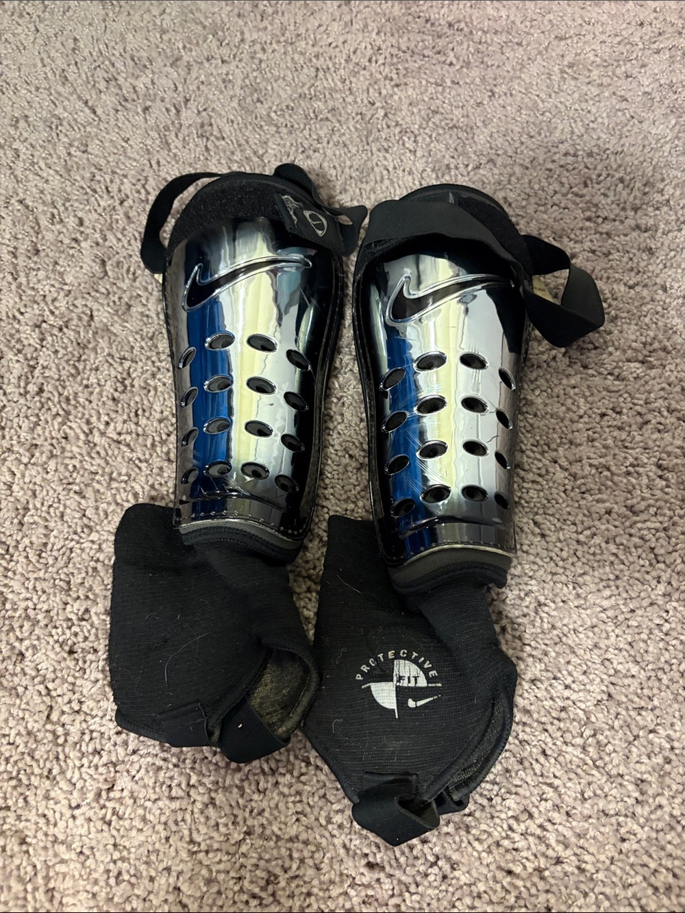 Nike Black and Metallic Blue Soccer Shin Guards with Ankle Pads